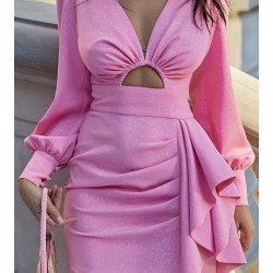  2024 V-Neck Lantern Neck Hollowed Out Women's Dress
