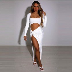 Sexy Square Neck White Cocktail Slit Maxi Dress