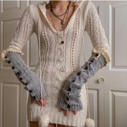 Cute White Hooded Collar Sweater Mini Dress