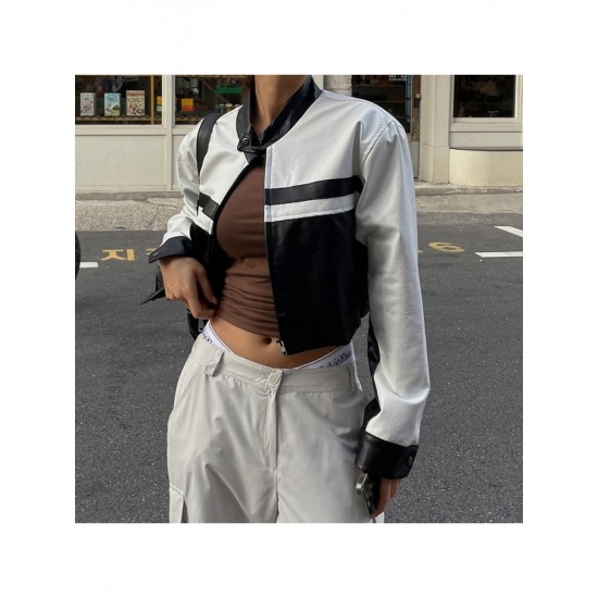  2024 PU Contrast Color Women's Long Sleeve Jacket