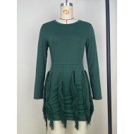  Casual Round Neck Pure Color Tassels Short Dress