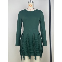 Casual Round Neck Pure Color Tassels Short Dress  Casual Round Neck Pure Color Tassels Short Dress