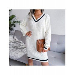White V Neck Long Sleeve Short Sweater Dresses White V Neck Long Sleeve Short Sweater Dresses