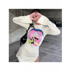 Cartoon Pattern Slit Long Sleeve Short Dress  Cartoon Pattern Slit Long Sleeve Short Dress