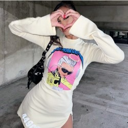  Cartoon Pattern Slit Long Sleeve Short Dress