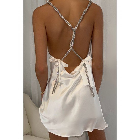 Alluring White Backless Sleeveless Ladies Dress