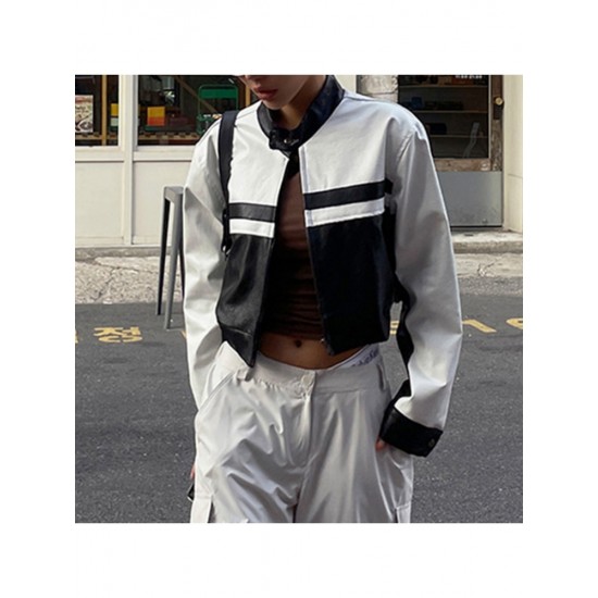  2024 PU Contrast Color Women's Long Sleeve Jacket