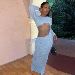 Mesh Hollowed Out Round Neck Long Dress