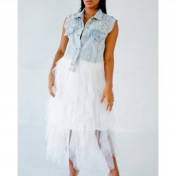 Faux-Pearls Rhinestone Sleeveless Denim Jackets For Women