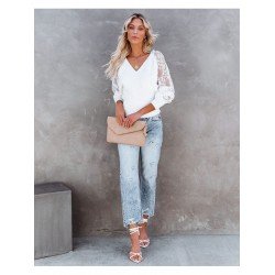 V-Neck Lace Pure Color Women's Top  V-Neck Lace Pure Color Women's Top