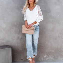  V-Neck Lace Pure Color Women's Top
