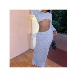 Patchwork White Ruched Long Sleeve Maxi Dress Patchwork White Ruched Long Sleeve Maxi Dress