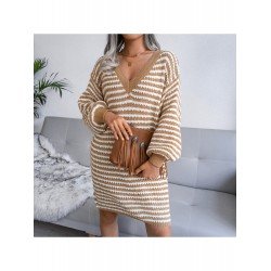 V Neck Striped Lantern Sleeve Sweater Dress V Neck Striped Lantern Sleeve Sweater Dress