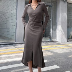 Causal V Neck Long Sleeve Slit Maxi Dresses 