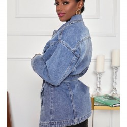 Street Solid Blue Denim Jacket Coat With Belt