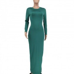  Pure Color Crew Neck Women's Long Dress