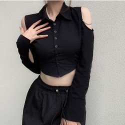 Cold Sleeve Black Cropped Blouse For Ladies 