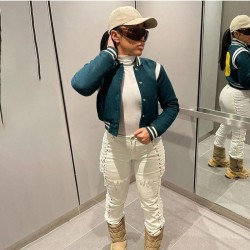  Women's Fashion Contrast Color Printing Baseball Jackets