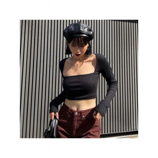  Pure Color Square Neck Women's Navel T Shirt