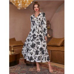 Printed V Neck Puff Sleeve Vacation Dress Printed V Neck Puff Sleeve Vacation Dress