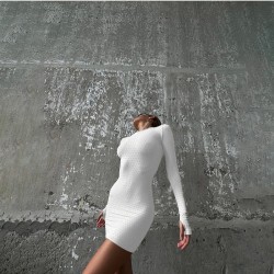  Sexy Round Neck Pure Color Long Sleeve Dress
