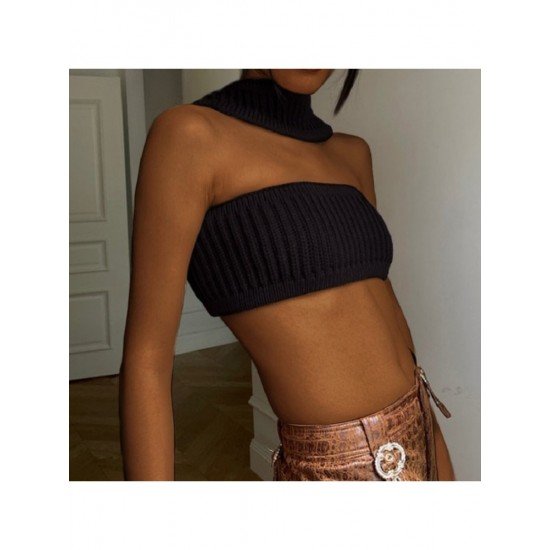  2024 Halter Pure Color Backless Crop Sweater