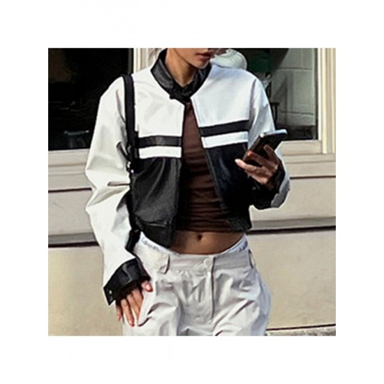  2024 PU Contrast Color Women's Long Sleeve Jacket