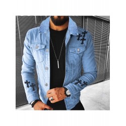 Street Cross Patchwork Black Denim Jackets For Men Street Cross Patchwork Black Denim Jackets For Men