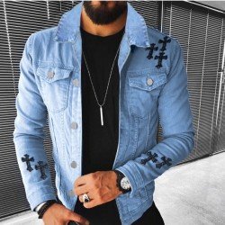 Street Cross Patchwork Black Denim Jackets For Men