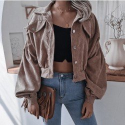  Lantern Sleeve Corduroy Pure Color Women Coats