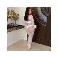 See Through Backless Long Sleeve White Maxi Dress
