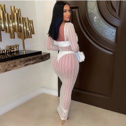 See Through Backless Long Sleeve White Maxi Dress