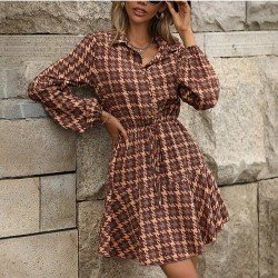 Houndstooth Patchwork Long Sleeve Fall Dress