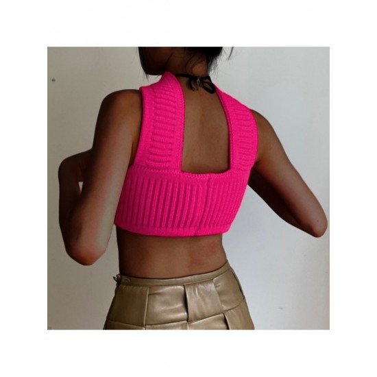  2024 Halter Pure Color Backless Crop Sweater