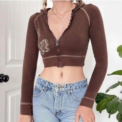  Butterfly Pattern Hooded Cropped Zip Tops