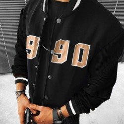 Black Patchwork Letter Baseball Coats For Men