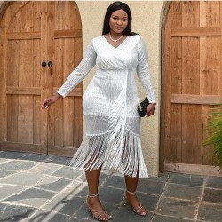  Elegant V Neck Pure Color Tassel Party Dress