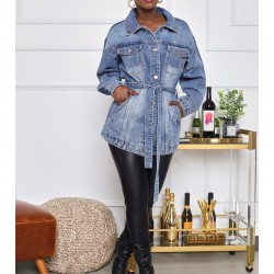 Street Solid Blue Denim Jacket Coat With Belt