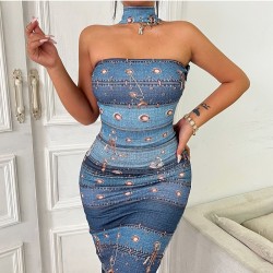  Sexy Halter Backless Printing Women's Sleeveless Dress