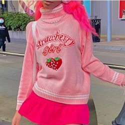 Cute Strawberry Embroidery Turtle Neck Sweaters