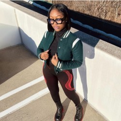  Women's Fashion Contrast Color Printing Baseball Jackets