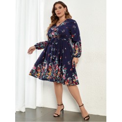 Casual V-Neck Floral Long Sleeve Dress  Casual V-Neck Floral Long Sleeve Dress