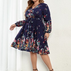  Casual V-Neck Floral Long Sleeve Dress