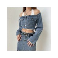 Designer Square Neck Blue Denim Cropped Jackets