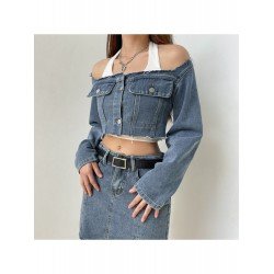 Designer Square Neck Blue Denim Cropped Jackets Designer Square Neck Blue Denim Cropped Jackets