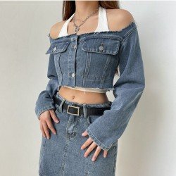 Designer Square Neck Blue Denim Cropped Jackets