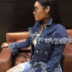  Pure Color Denim Tassels Jacket For Women