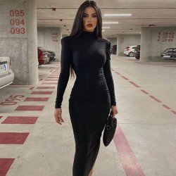Mock Neck Long Sleeve Black Midi Dress Mock Neck Long Sleeve Black Midi Dress