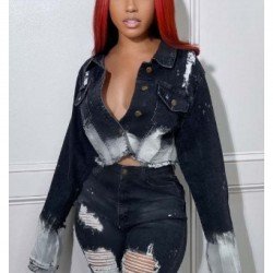 Washable Black Short Denim Jacket Coats For Women