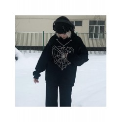 Heart Cobwebs Hot Drilling Hooded Black Tops  Heart Cobwebs Hot Drilling Hooded Black Tops